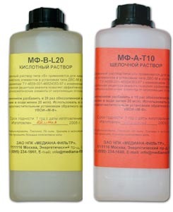 Комплект  реактивов  для  химической  мойки  мембранн  обратного  осмоса. В комплект входит 1 литр раствора  MF-A-10T  и 1 литр  MF-B-20L.